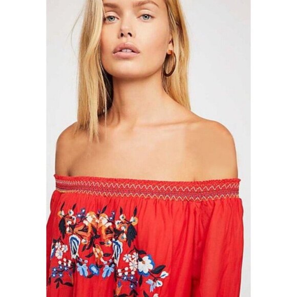 NEW! Free People Sunbeams Off the ShoulderDress Embroidered Boho Red SZ M - Picture 5 of 16